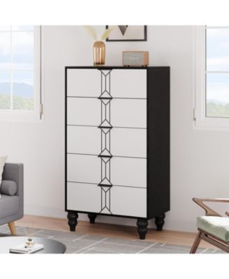 5-Drawer Wooden Oak & Gold Modern Tall Dresser with Deep Storage