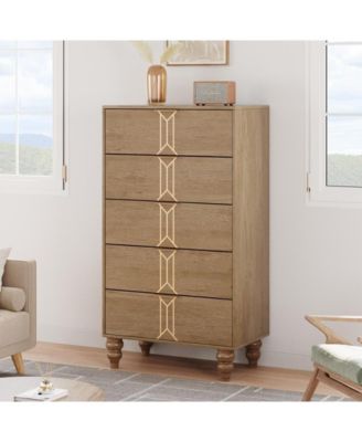 5-Drawer Wooden Oak & Gold Modern Tall Dresser with Deep Storage
