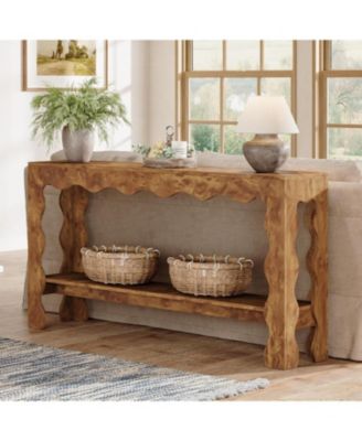 63" Narrow Long Entryway Table, 2-Tier Modern Farmhouse Entry Table, Light Brown