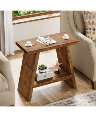 Solid Wood End Table for Living Room, Narrow Small Side Table with 2-Tier Storage
