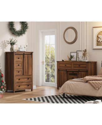 Farmhouse 5 Drawer Dresser for Bedroom, 48" Tall Wood Dresser Chest of Drawer with Sliding Barn Door