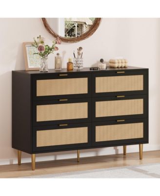 Natural Rattan 6 Drawer Dresser for Bedroom, Chest of Drawers with Gold Legs and Gold Handles, Wide Double Dresser