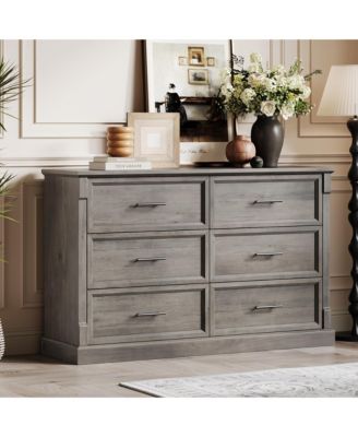 Farmhouse 6 Drawer Dresser for Bedroom, Rustic Chest of Drawers with Metal Handles, Large Double Dresser TV Stand