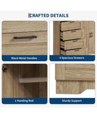 Storage Cabinet with 4 Drawers and 2 Doors, Freestanding Wardrobe with Hanging Rod