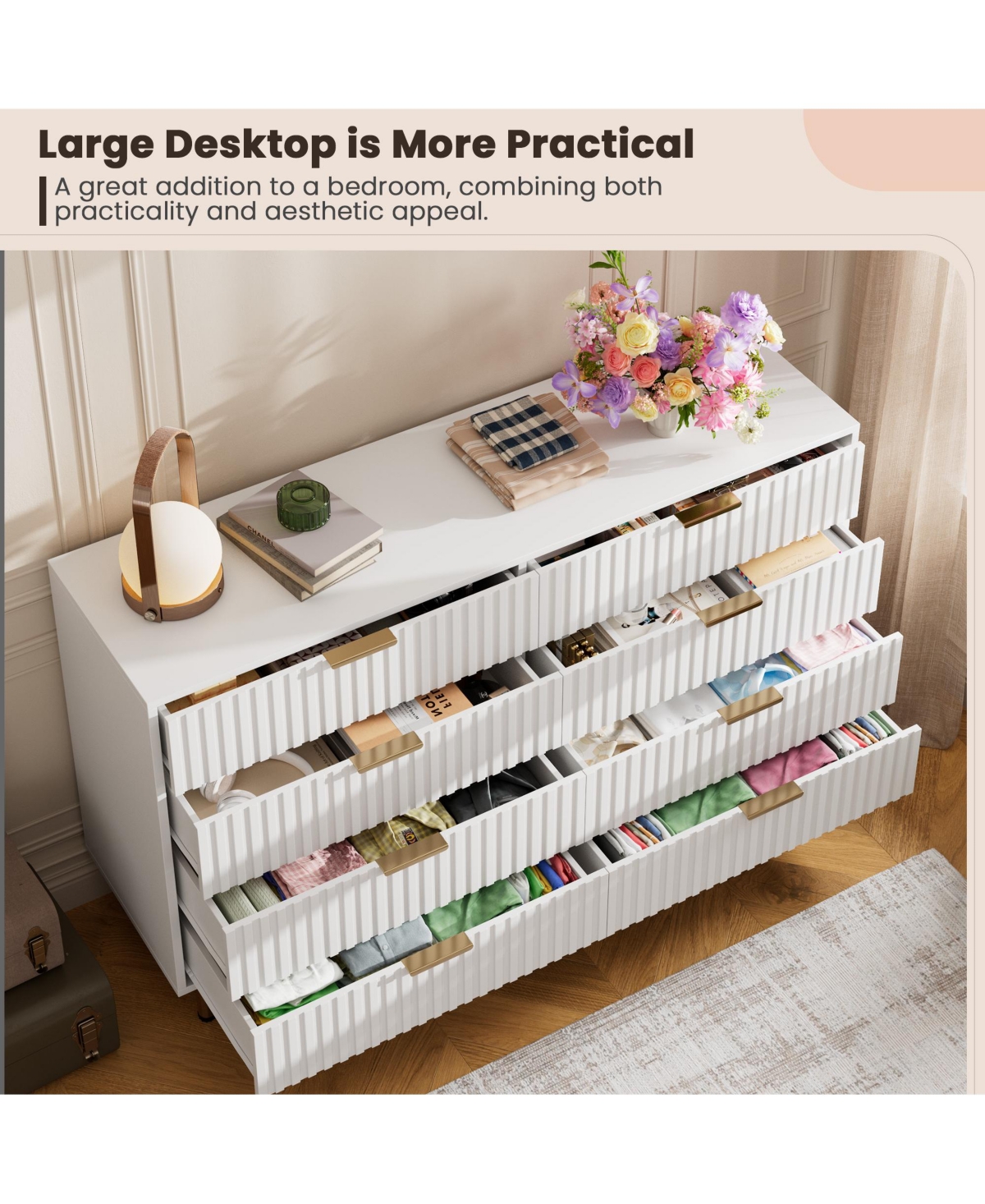 Gaomon Fluted 6 Drawer Storage Dresser, Tall Modern Chest with Ample Deep Drawers and Wide Top