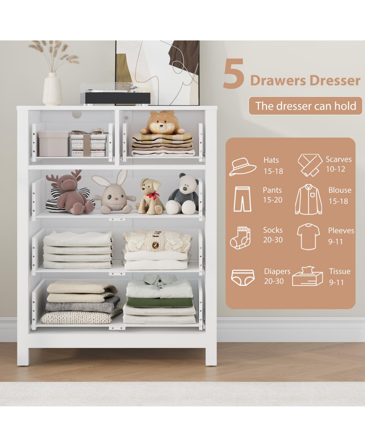 gaomon 5 Drawer Dresser for Bedroom, Modern Tall Organizer with Storage Drawers
