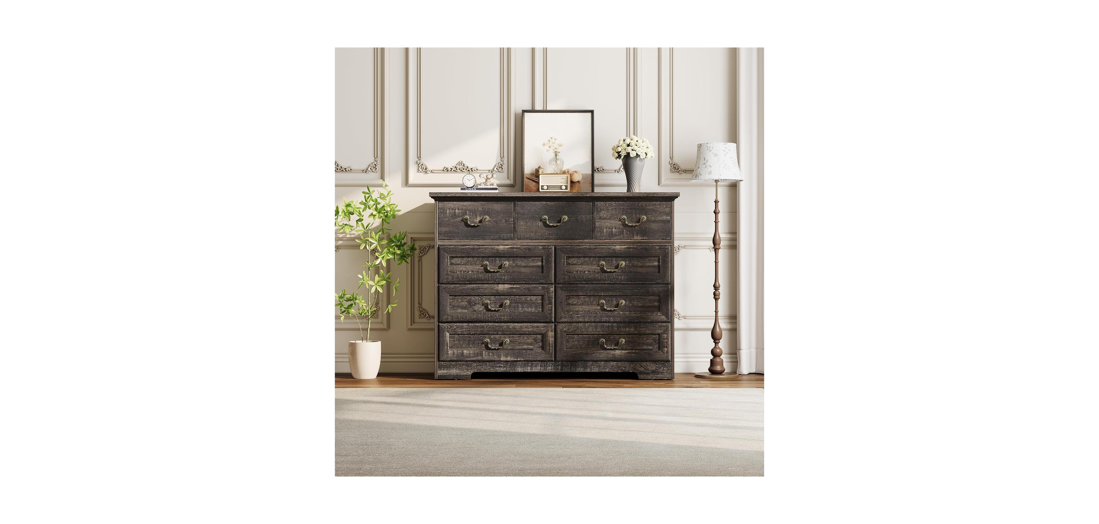Gaomon 9-Drawer Wooden Rustic Vintage Dark Grey Dresser with Natural Texture and Spacious