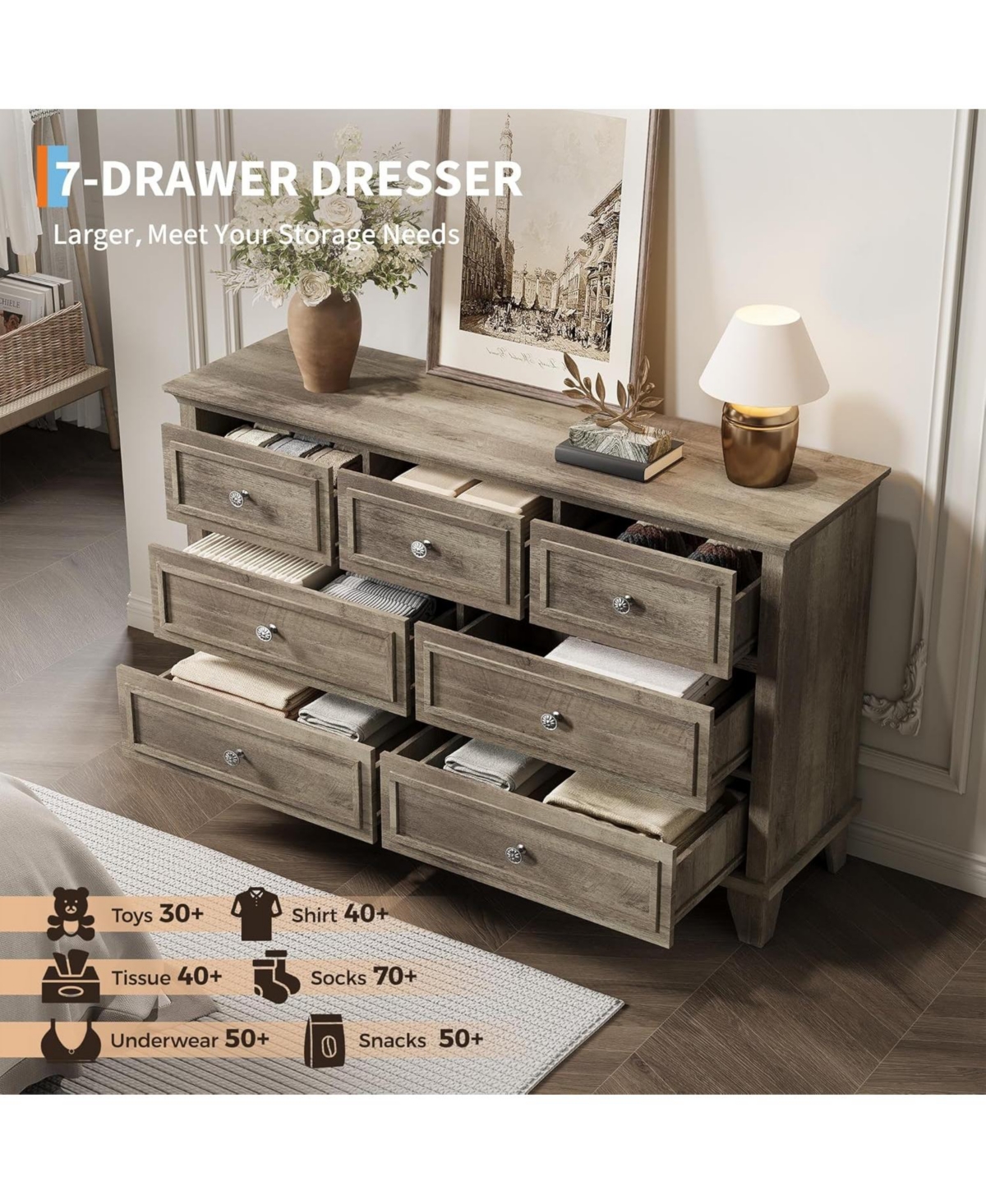 gaomon 7-Drawer Dresser 47"W, Wooden Chest with Deep Drawers, Tv Stand Organizer for Bedroom, Living Room, Hallway