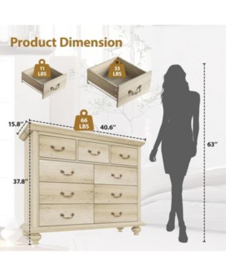 Rustic Grey 9-Drawer Bedroom Dresser, 37.8" Tall Wood Chest with Wide Drawers & Carved Metal Handles, Sturdy Organizer for Living Room Hallway