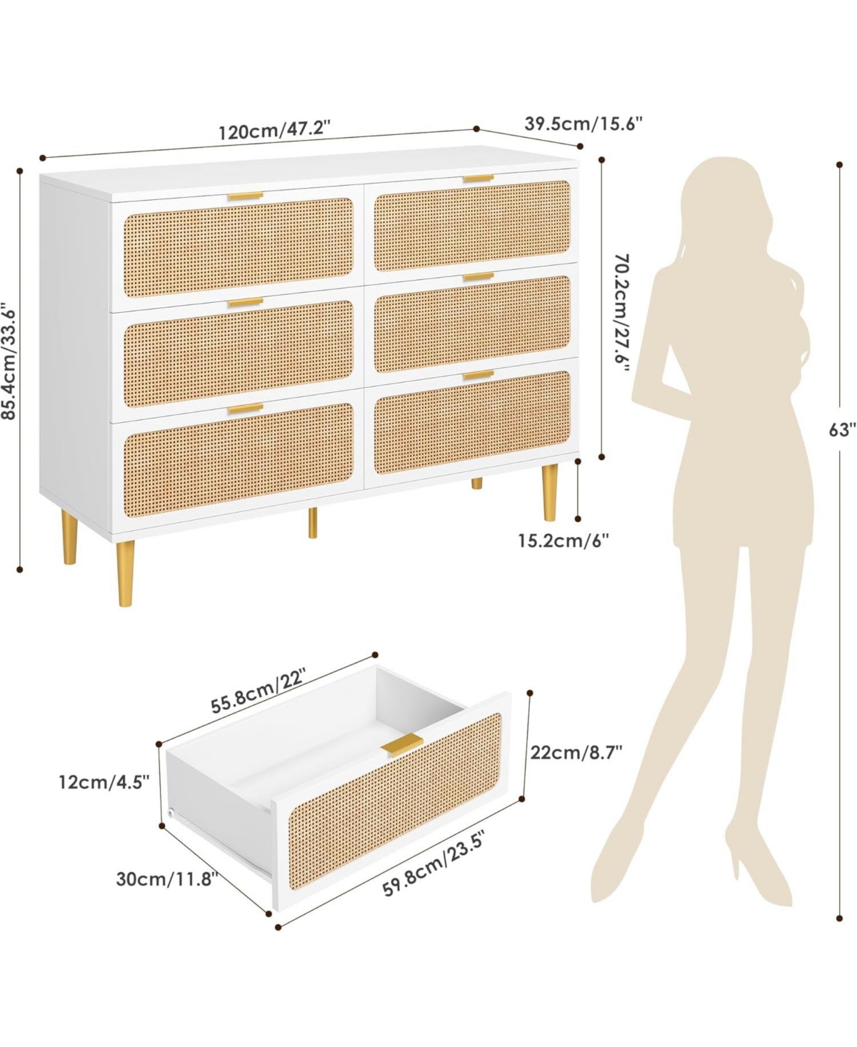 gaomon 6-Drawer Bedroom Dresser, Large Double Chest with Deep Drawers, Wood Storage for Closet Living Room Hallway Kids