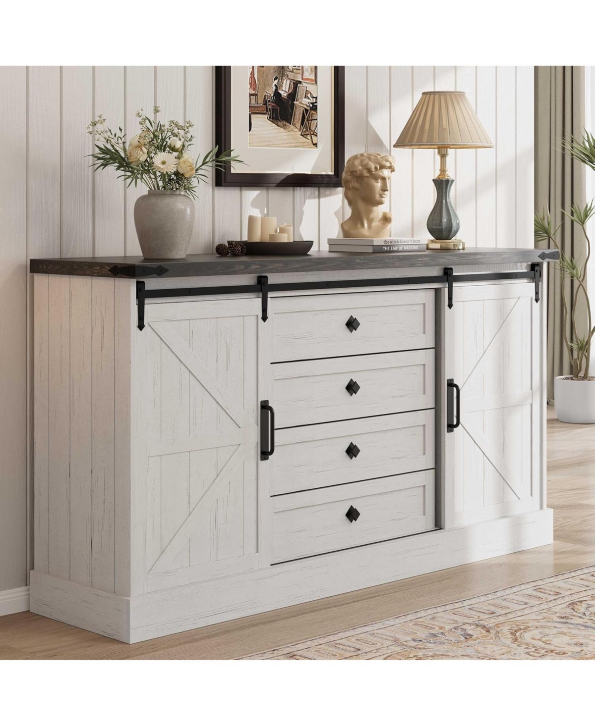 Gaomon 59" Farmhouse 4-Drawer Dresser with Sliding Barn Doors, Wide Tv Stand and Storage Chest for Bedroom or Closet