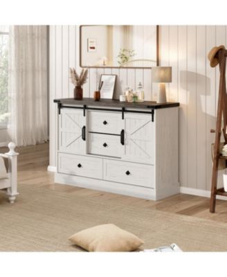 45" Farmhouse Barn Door 4-Drawer Dresser, Compact TV Stand and Storage Chest for Bedroom or Hallway