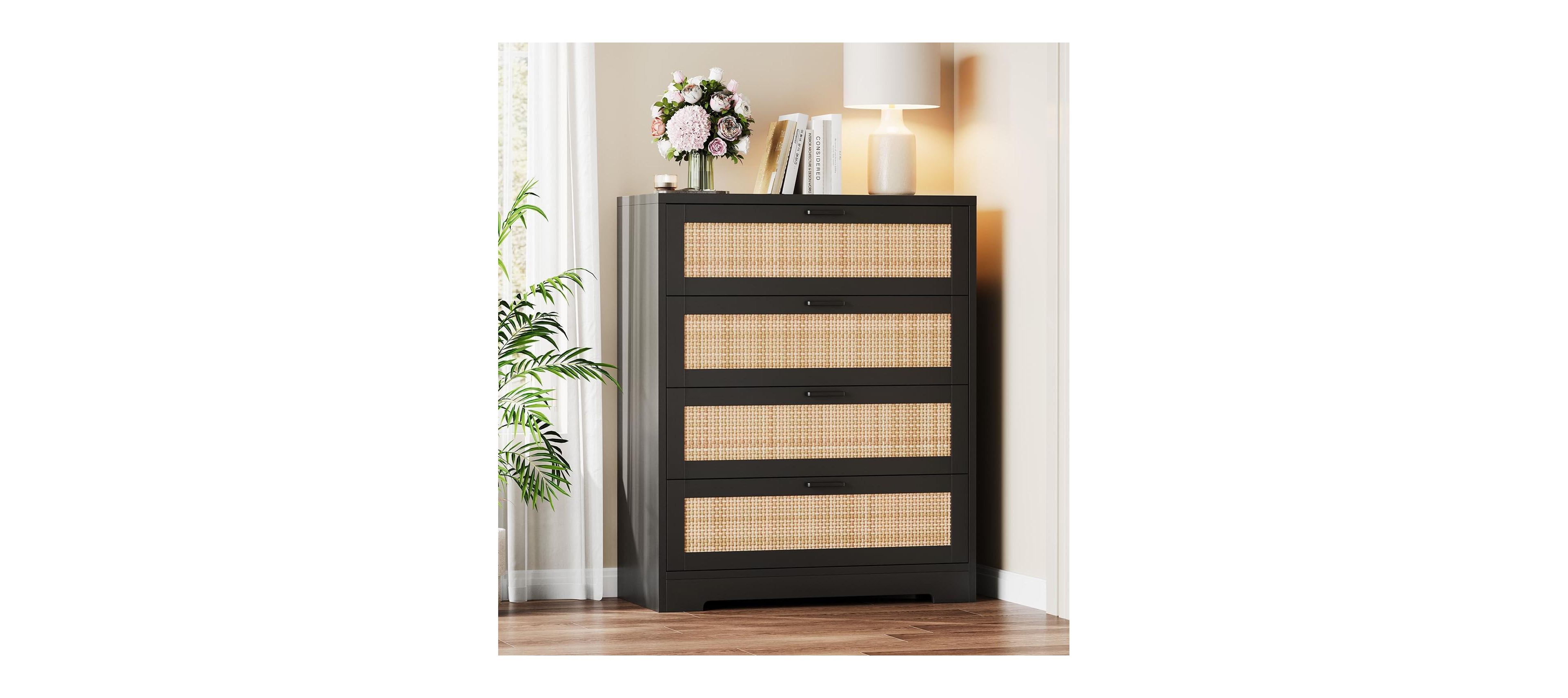 Gaomon Modern Rattan 4-Drawer Wood Dresser with Power Station, Tall Storage Chest for Bedroom, Hallway, Entryway, or Living Room