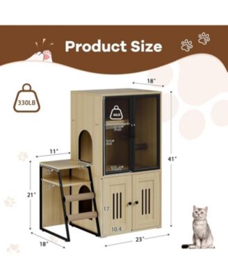 2-in-1 Cat Litter Box Enclosure Furniture with Doors, Double Layer Cat House & Storage Cabinet