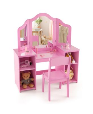 Kids Vanity 2 in 1 Princess Makeup Desk & Chair Set Safe Tri-fold Mirror