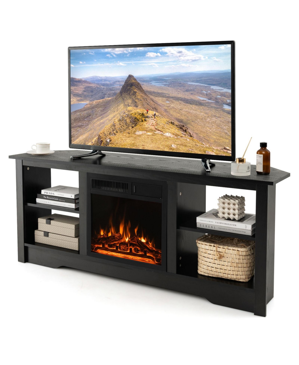 Gymax 58'' Fireplace Tv Stand w/ 18'' 1500W Electric Fireplace Adjustable Brightness