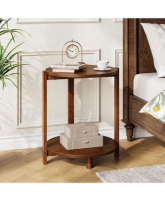 Solid Wood Side Table Set of 2, Small Round End Table with 2-Tier Storage