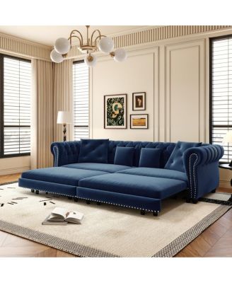 89" Sleeper Sofa Bed, King Size Velvet Pull-Out Couch with Chaise Lounge & Ottoman, 3-in-1 Tufted Sofa for Living Room
