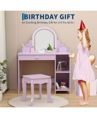 Kids Vanity with Lighted Mirror & Stool, Little Girls Vanity with Adjustable LED Light, Storage Drawer & Shelves for Girls 3-9