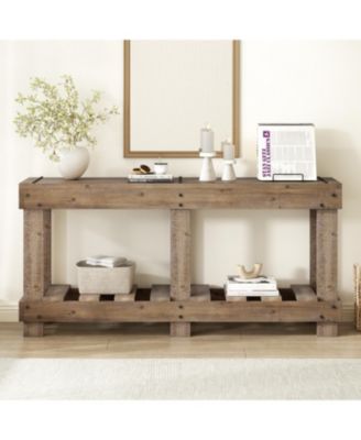 62.9" Fir Wood Console Table with Shelf & Metal Rivets