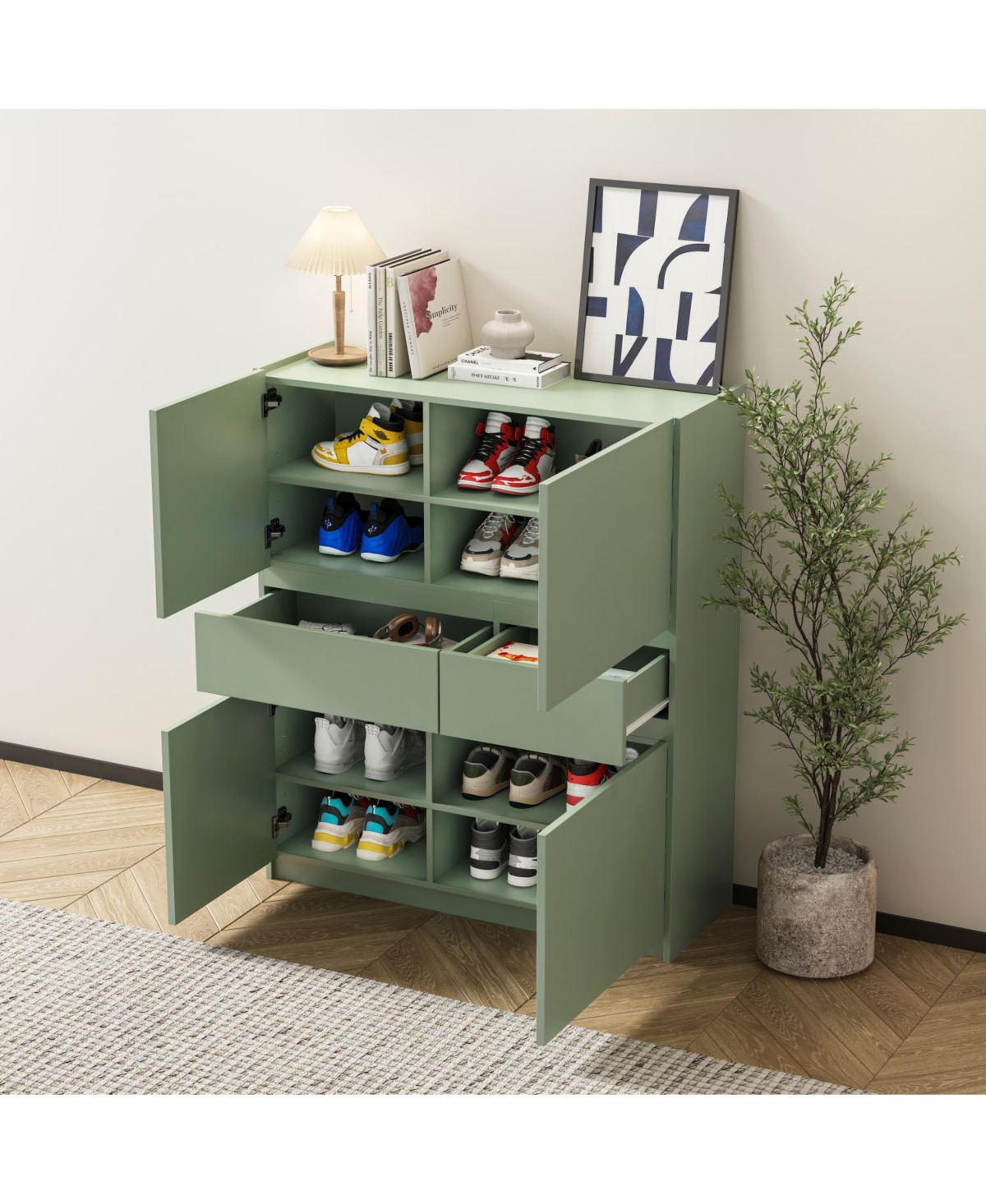 Streamdale Green wooden storage cabinet with 4 doors and 2 drawers
