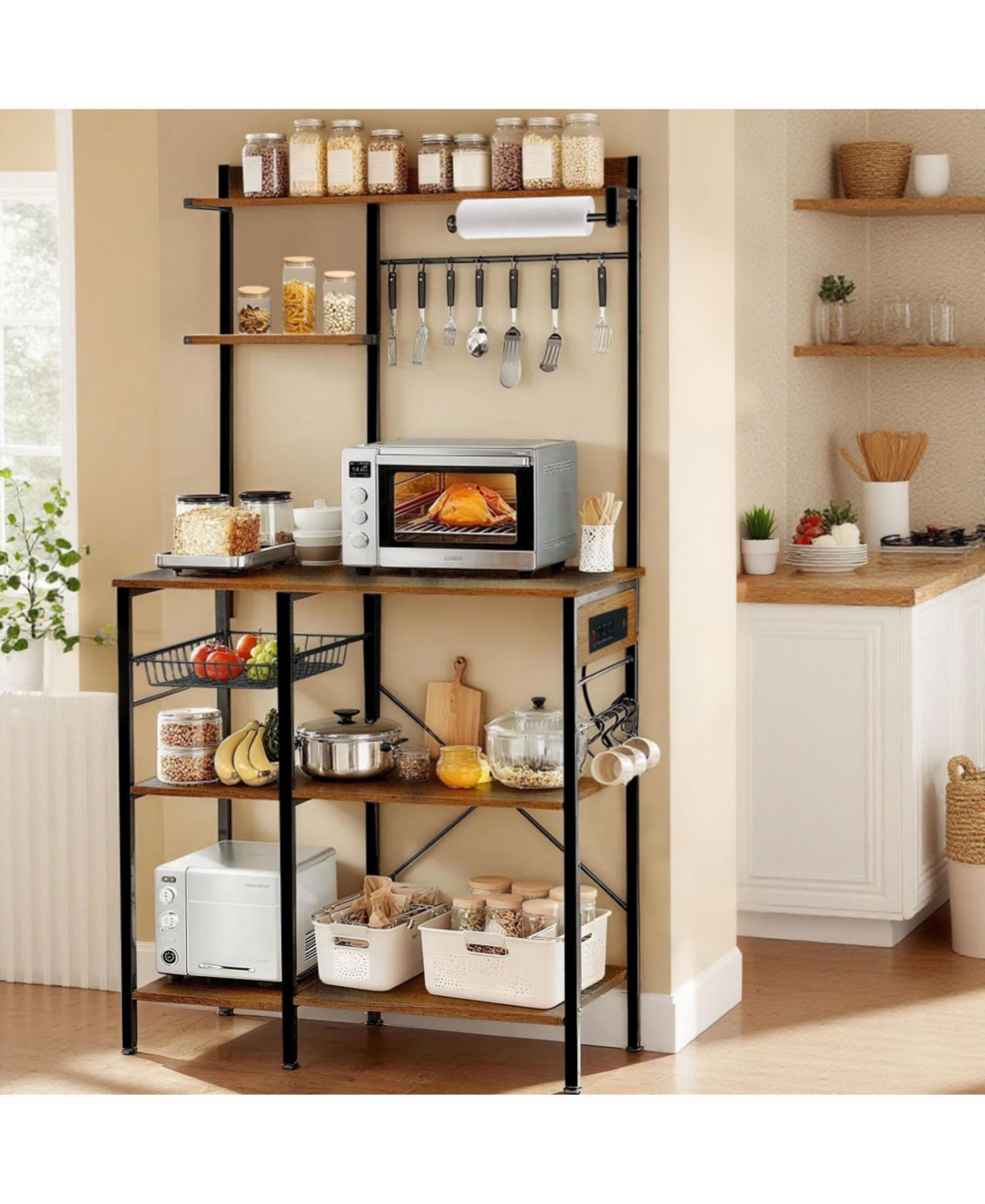 Streamdale Bakers Rack with Power Outlet, Microwave Stand, Coffee Bar, Kitchen Shelf (Brown)