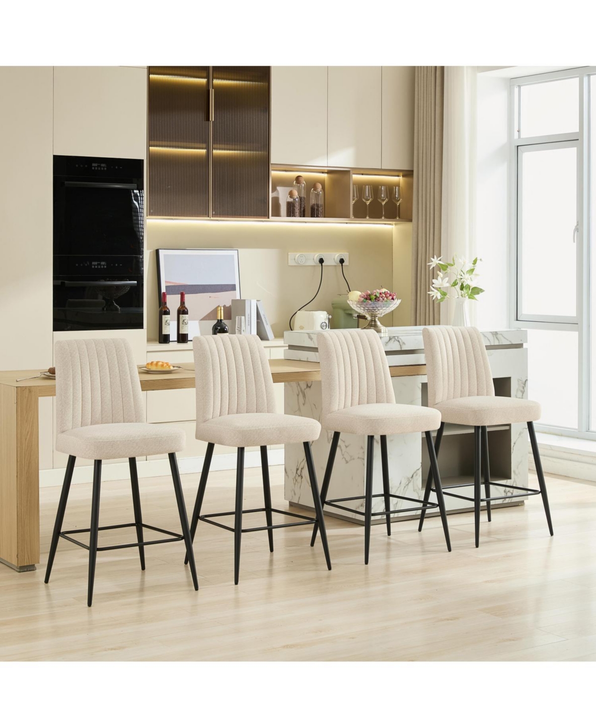 Streamdale Furniture Beige Velvet Bar Chairs Set of 2 Adjustable Iron Feet