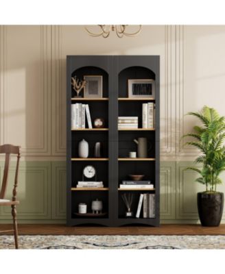 5-Tier Bookshelves (Set of 2), Two-Tone Cabinet, 72"H Pantry - Black