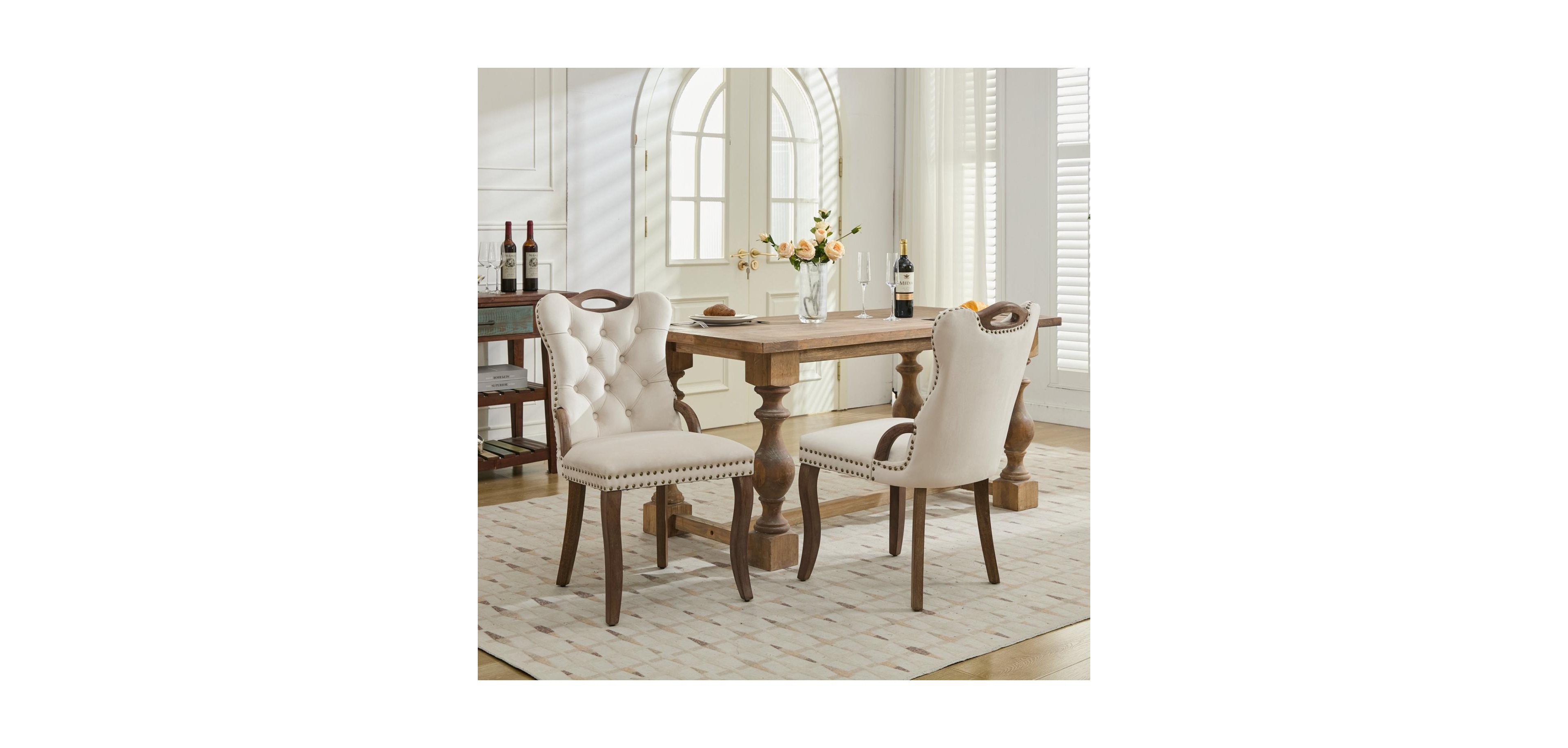 Streamdale Velvet Tufted Dining Chairs, Wood Handles and Legs, Copper Nails, Beige, Set of 2