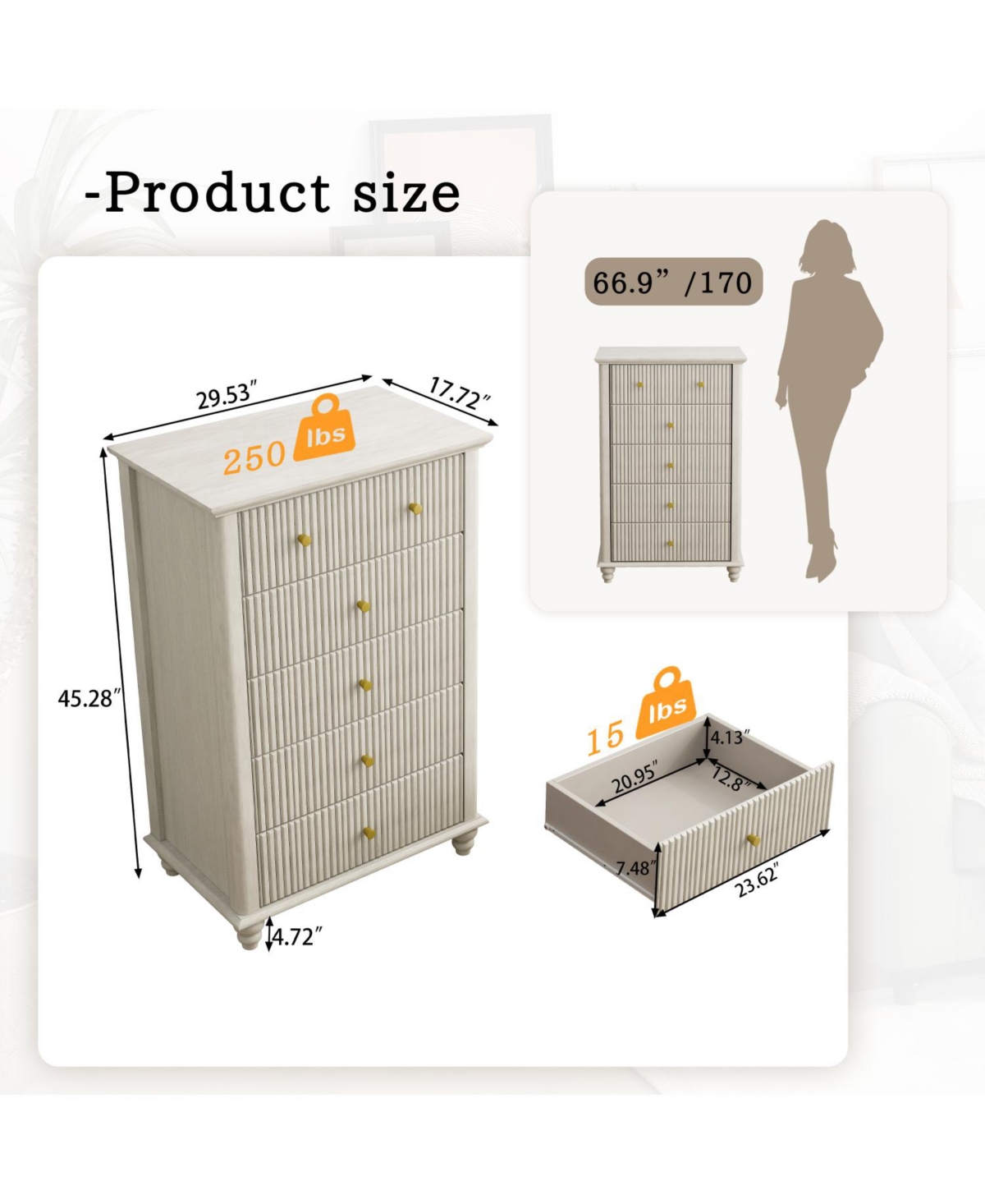 Streamdale Furniture Fluted 5 Drawer Dresser - Beige