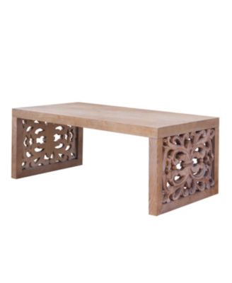 Rustic Carved Wood Coffee Table - Ornate Panels, Natural Finish