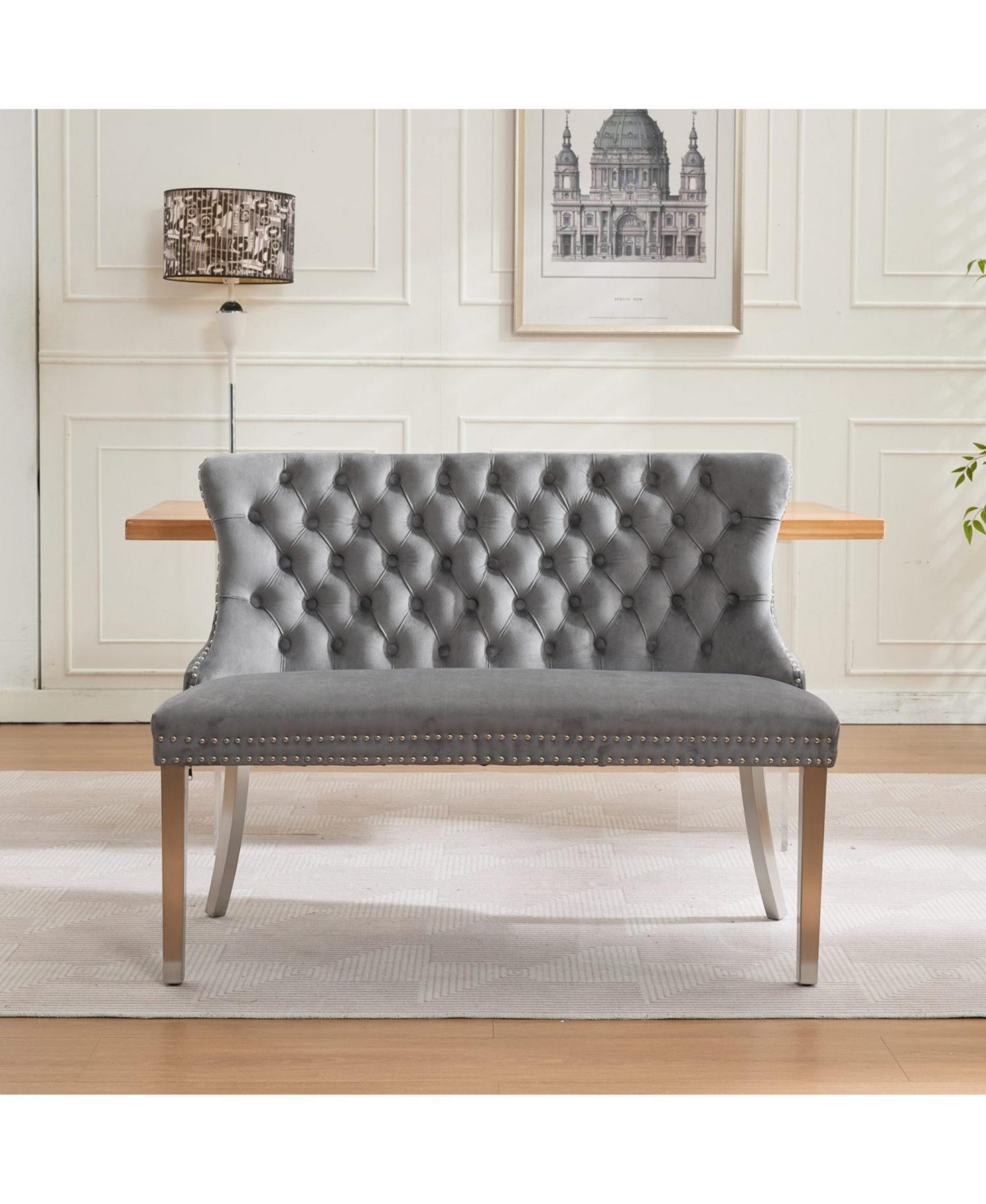 Streamdale Furniture Velvet Tufted Dining Bench, Wingback, Silver Legs, Mid Century Modern, Gray