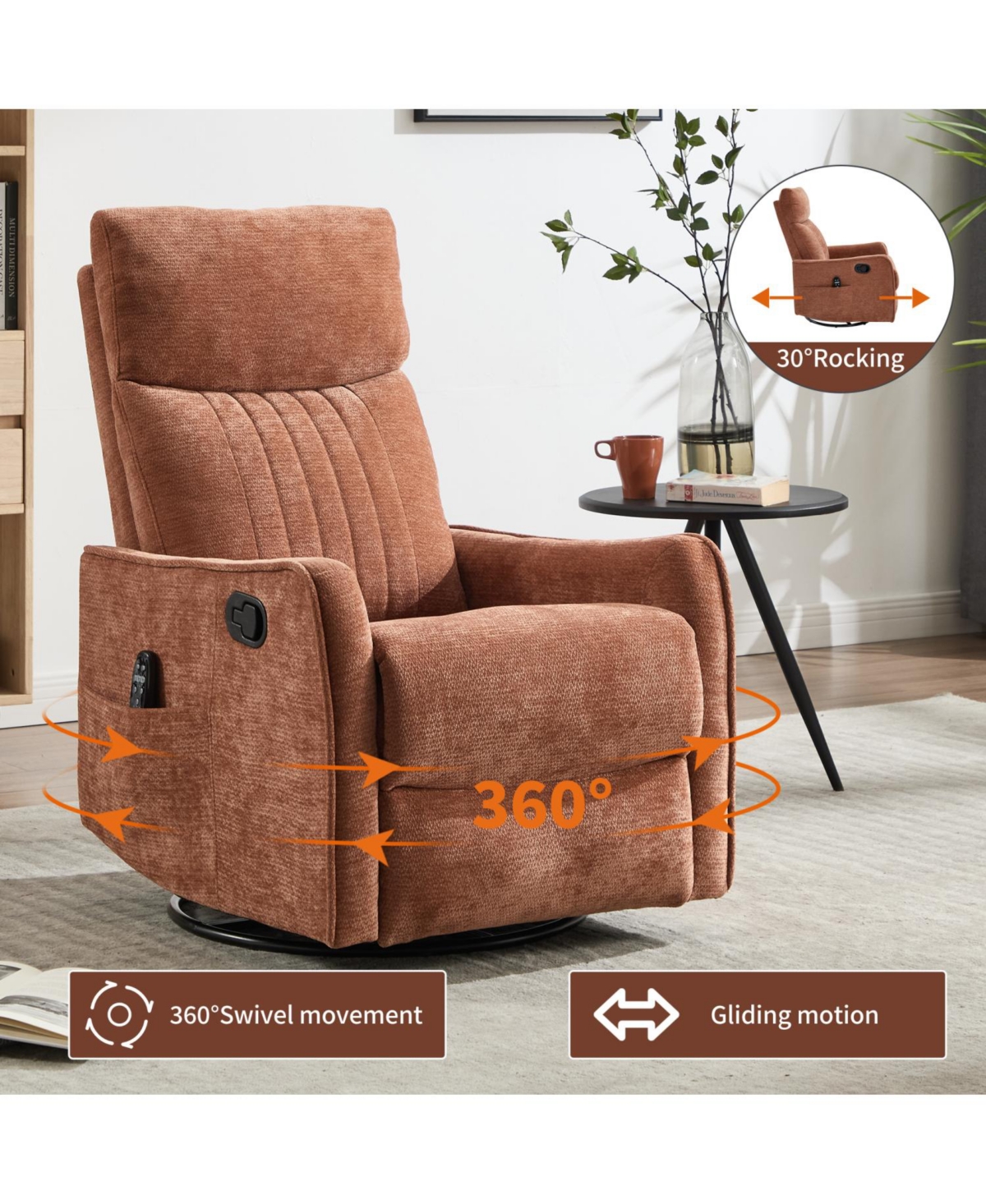 Streamdale Furniture Orange Heat Massage Rocker Swivel Recliner