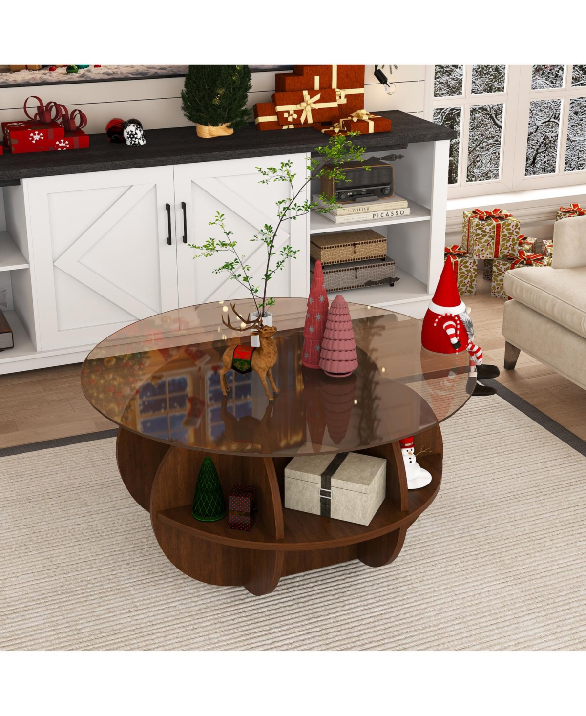 Streamdale Round Coffee Table - Glass Top, Walnut Brown