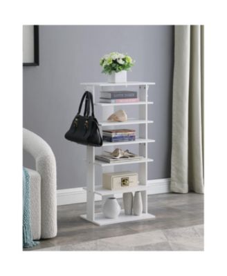 7-Tier Vertical Shoe Rack Organizer with Hooks - White