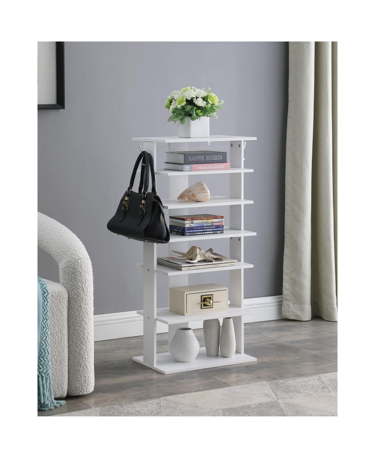 Streamdale Furniture 7-Tier Vertical Shoe Rack Organizer with Hooks - White