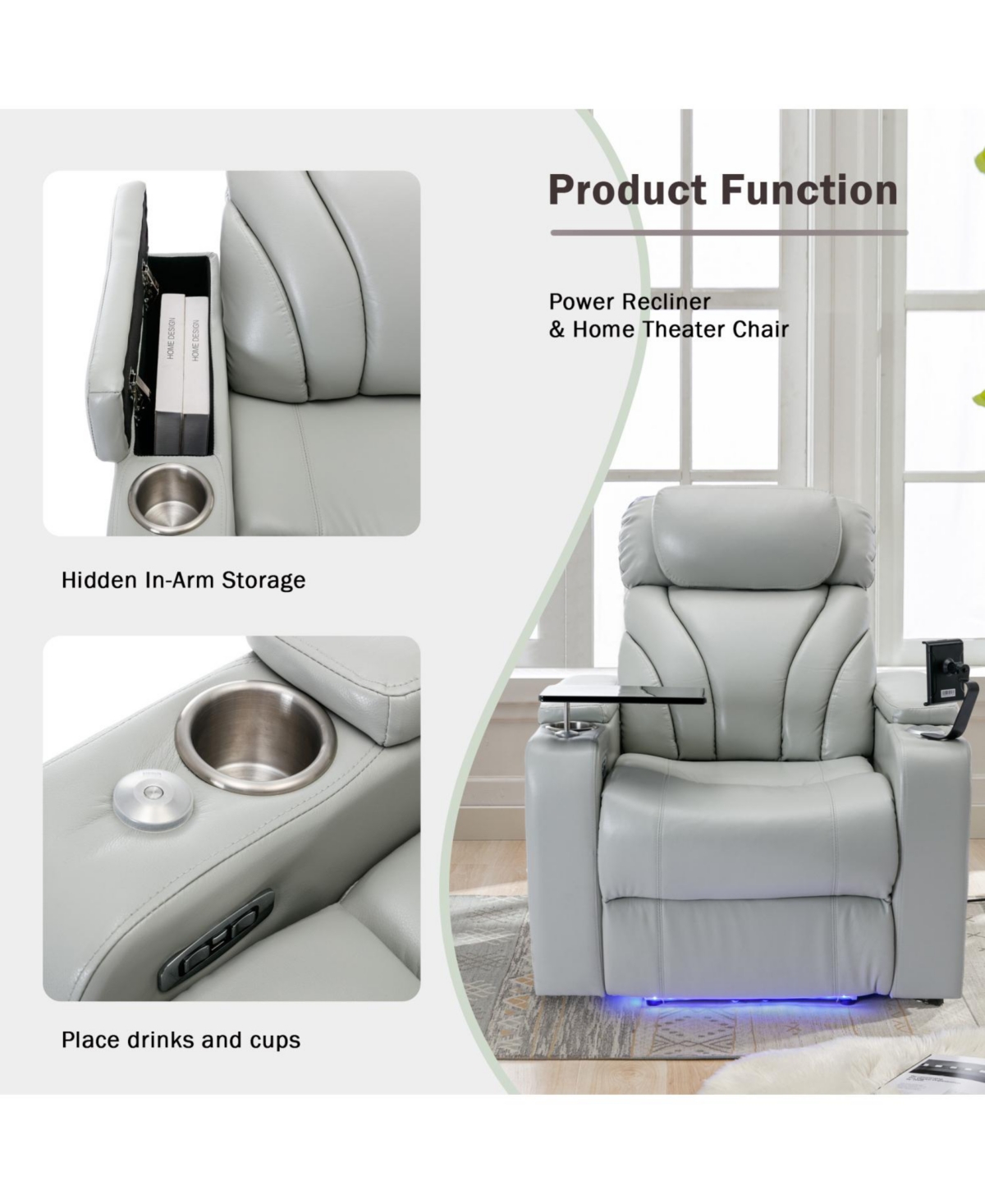 Streamdale Furniture Power Recliner with Usb Charger, Storage, Cup Holder, Bluetooth