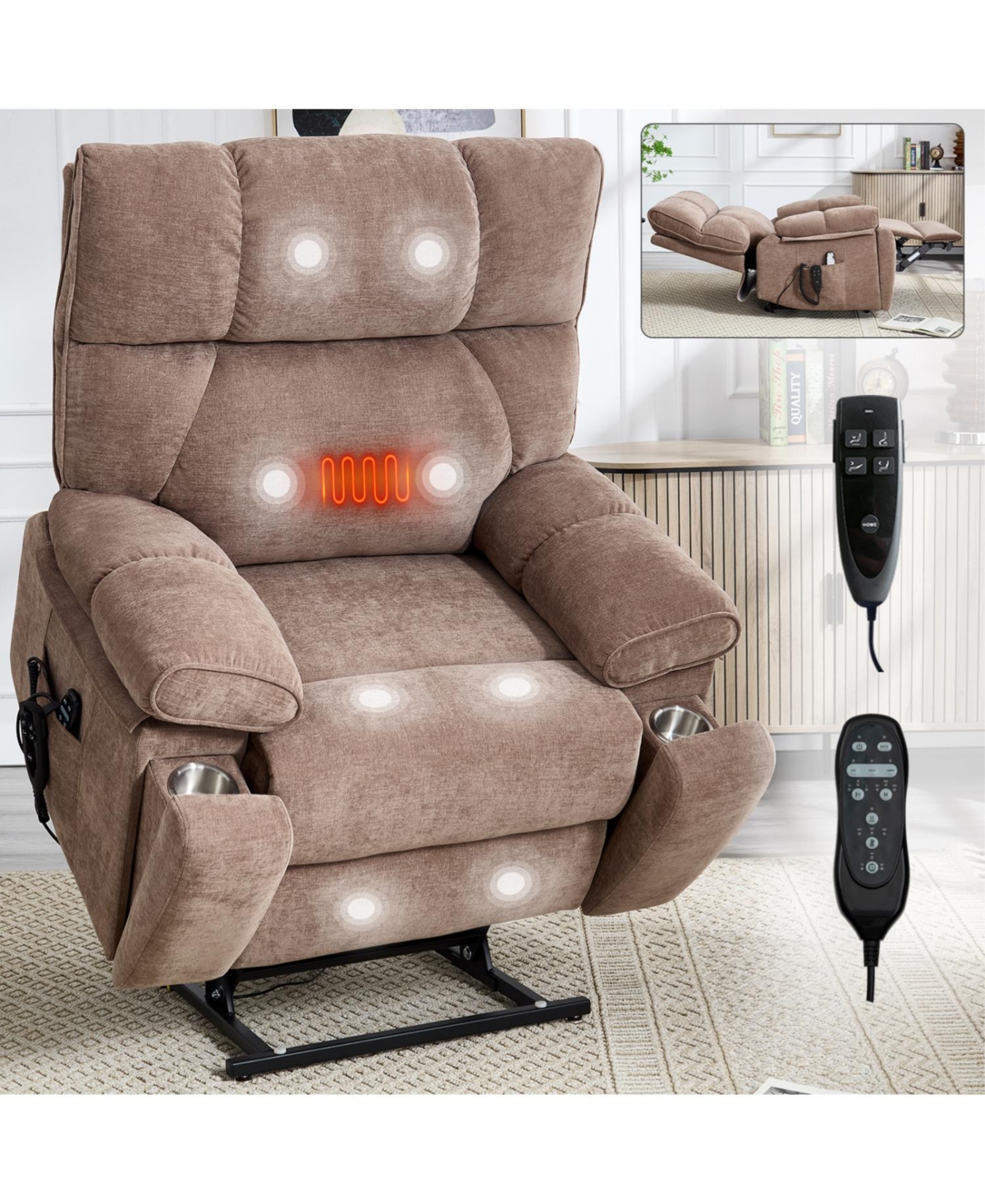 Streamdale Furniture Brown Power Lift Recliner with Massage & Heat