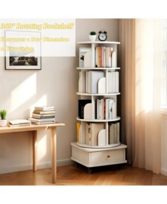 Rotating Bookshelf with Wheels & Drawer - White