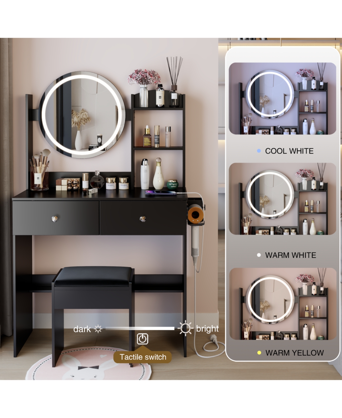 Streamdale Furniture 17" Led Vanity Table Set Touch 3 Colors Storage & Power