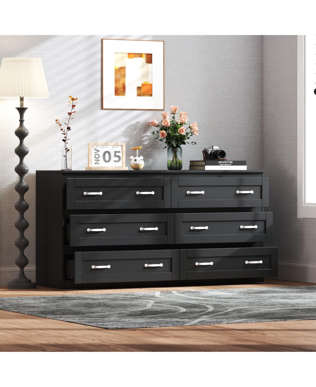Streamdale Black Side Cabinet with 6 Drawers for Living Room, Bedroom or Hallway