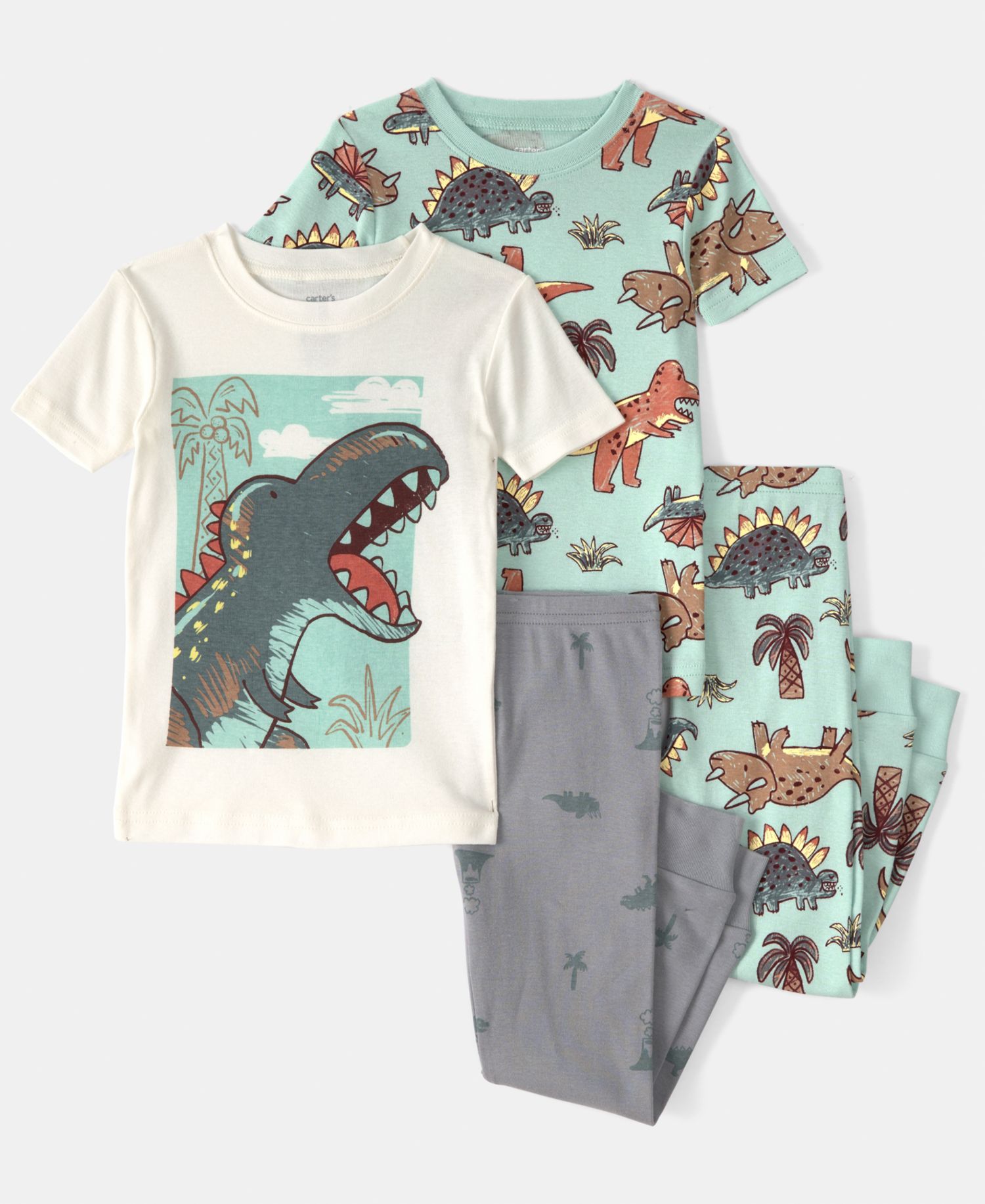 Baby Boys' Dinosaur Crewneck Top and Snug-Fit Pajama, 4-Piece Set