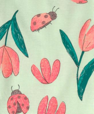 Baby Girls' Ladybug Floral Print Short-Sleeve T-Shirt and Snug-Fit Pajama, 4-Piece Set