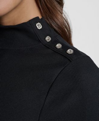 Women's Jewel Button Shoulder Mock Neck Long-Sleeve T-Shirt