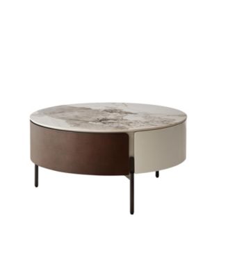Modern White & Wood Coffee Table with Drawers & Golden Legs