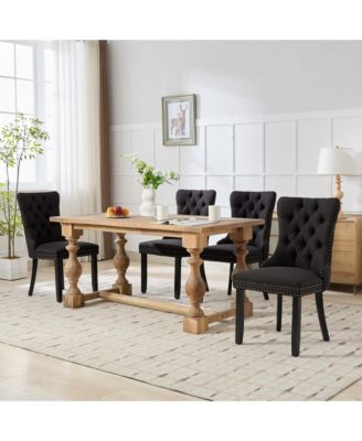 Nikki Tufted Linen Dining Chair Set (2), Modern & Contemporary, Black Upholstery, Black Wood Legs