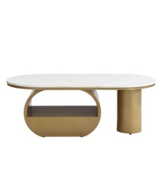 Modern Oval Coffee Table w/ Storage & Faux Marble Top