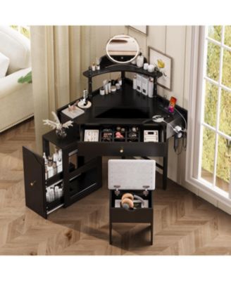 Streamdale Corner Vanity Desk Set, Cushioned Stool, Charging Station, Black