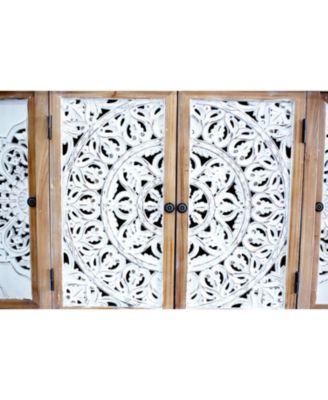 Hollow-Carved Accent Cabinet Distressed Wood Adjustable Shelves