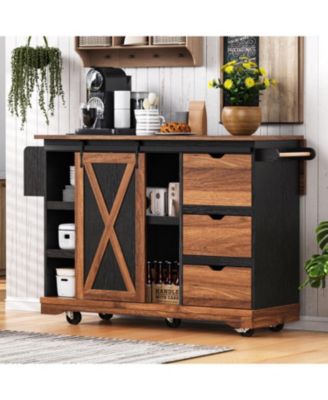 Farmhouse Kitchen Island with Drop Leaf, Barn Door, Power, Rolling Cart